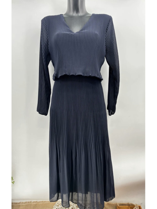 Robe col V manches longues plissée effet blousant à la taille