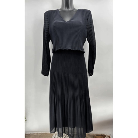 Robe col V manches longues plissée effet blousant à la taille