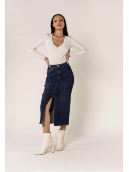 Jupe droite longue en jean stretch avec fente sur le devant Jupe droite longue en jean stretch avec fente sur le devant