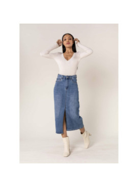 Jupe droite longue en jean stretch avec fente sur le devant