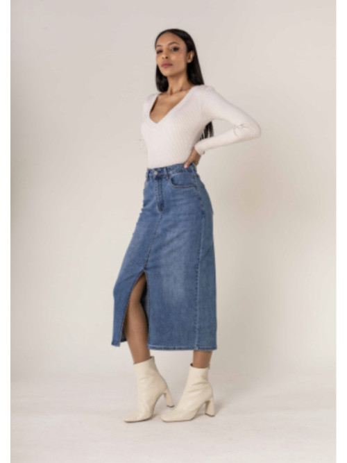 Jupe droite longue en jean stretch avec fente sur le devant Jupe droite longue en jean stretch avec fente sur le devant