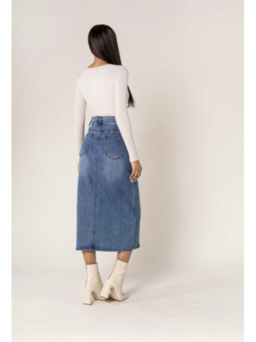 Jupe droite longue en jean stretch avec fente sur le devant Jupe droite longue en jean stretch avec fente sur le devant
