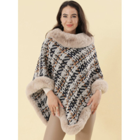 Poncho en tweed écossais avec col et bas en fourrure végane