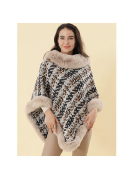 Poncho en tweed écossais avec col et bas en fourrure végane