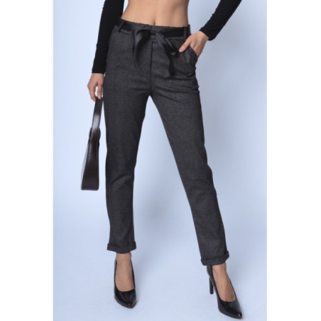 Pantalon stretch noir et chevron métallisé anthracite avec élastique taille et noeud en satin devant