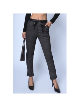 Pantalon stretch noir et chevron métallisé anthracite avec élastique taille et noeud en satin devant