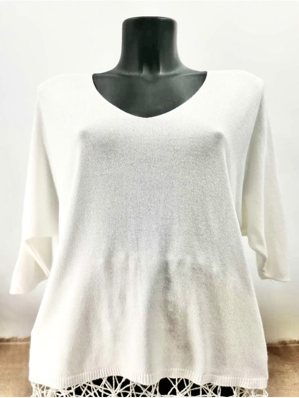 Pull fin col arrondi manches chauve-souris trois-quart