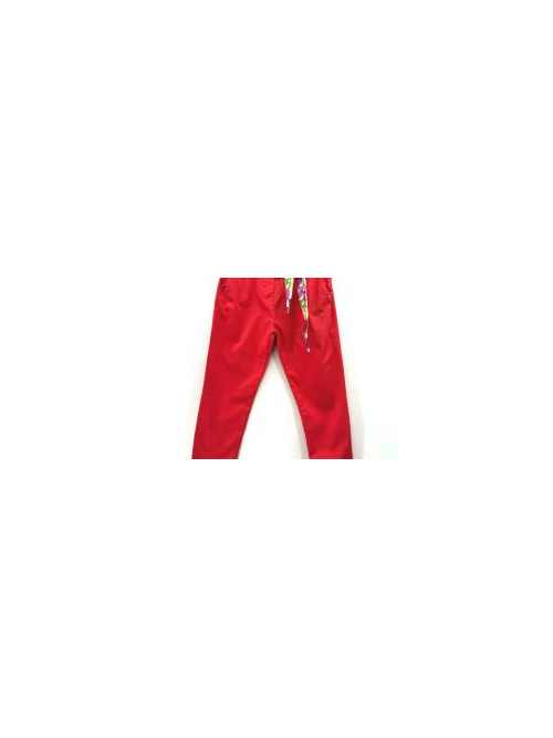Pantalon en coton stretch avec lien imprimé à la taille et poches bordées d'un petit volant