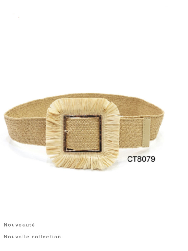 Ceinture élastiquée boucle carrée avec raffia