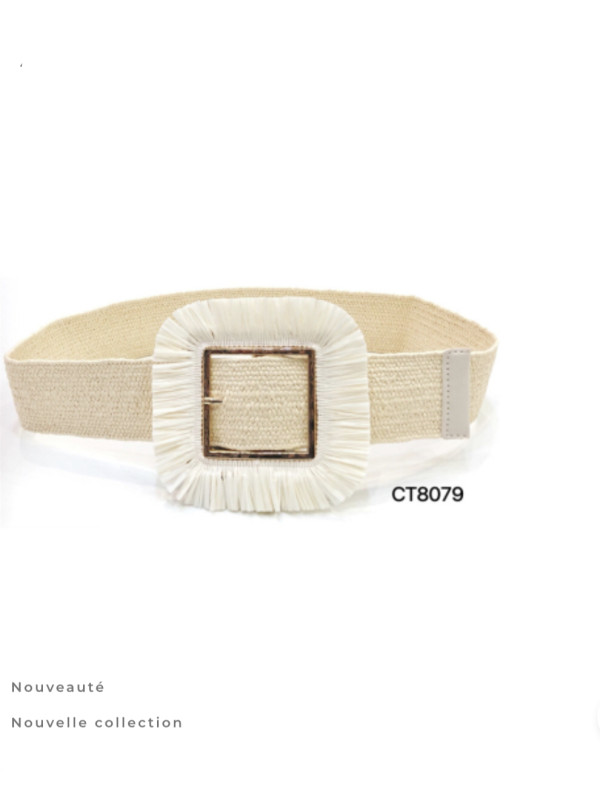 Ceinture élastiquée boucle carrée avec raffia
