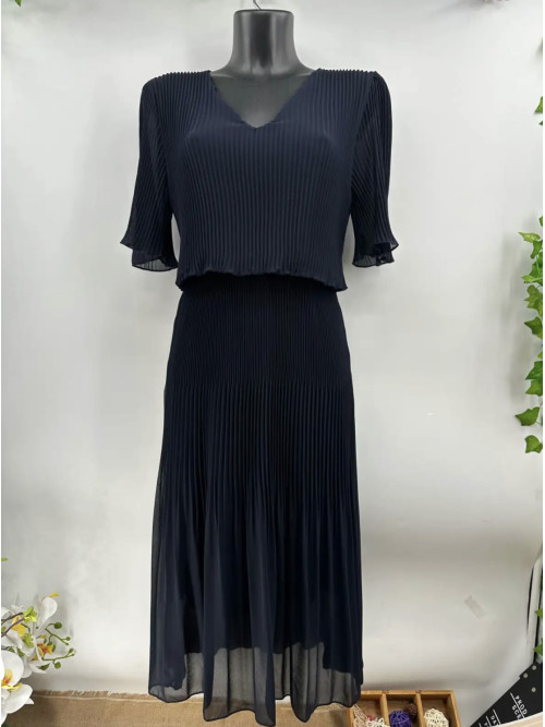 Robe longue plissée effet blousant col V manches courtes