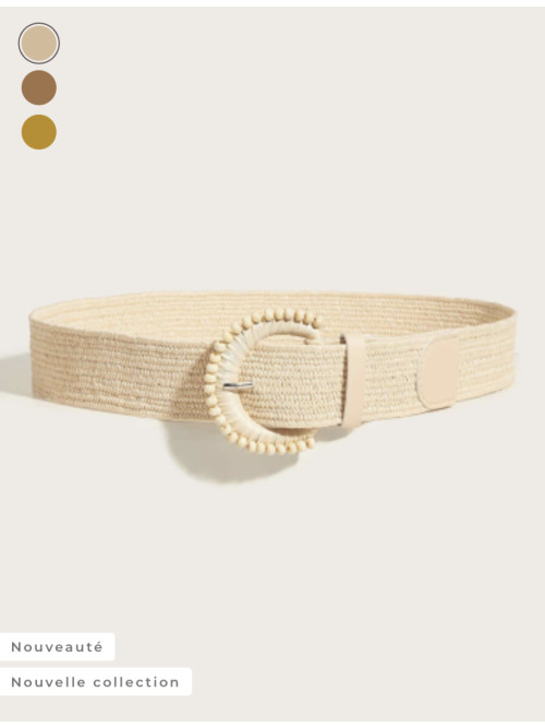 Ceinture élastique boucle ronde perle bois et raffia