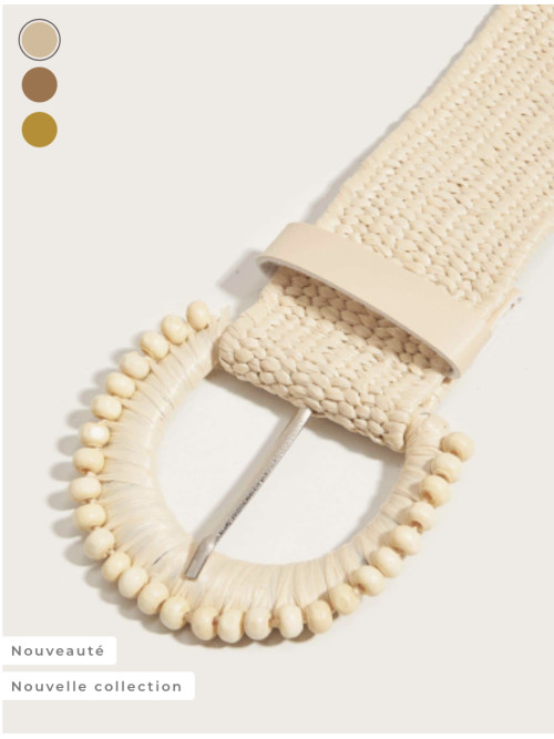 Ceinture élastique boucle ronde perle bois et raffia