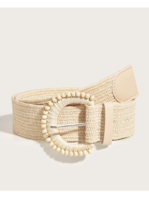 Ceinture élastique boucle ronde perle bois et raffia