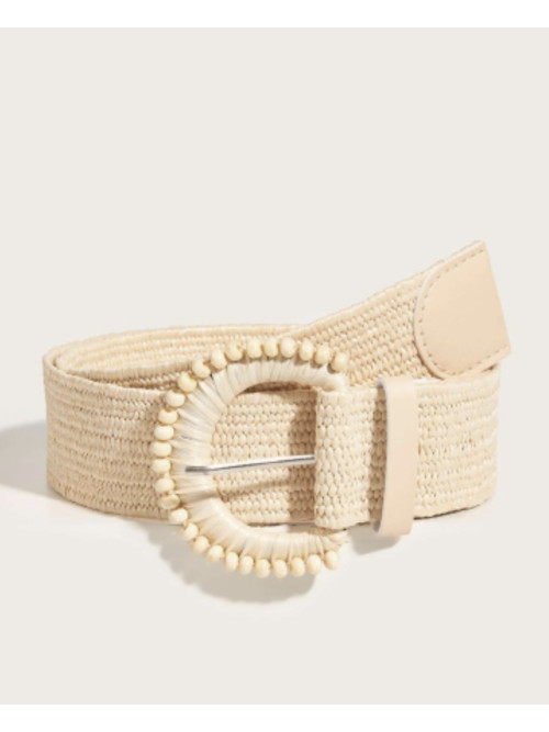 Ceinture élastique boucle ronde perle bois et raffia