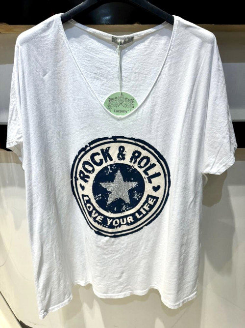 T-shirt col V manches courtes logo Rock avec étoile strass