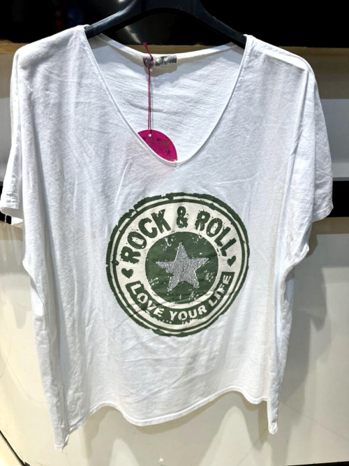 T-shirt col V manches courtes logo Rock avec étoile strass