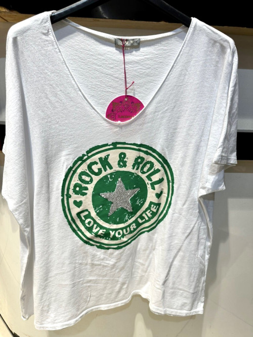 T-shirt col V manches courtes logo Rock avec étoile strass