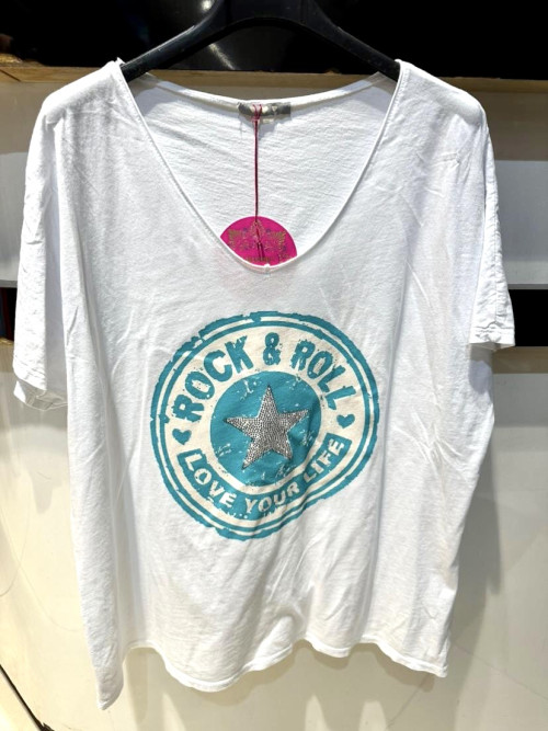 T-shirt col V manches courtes logo Rock avec étoile strass