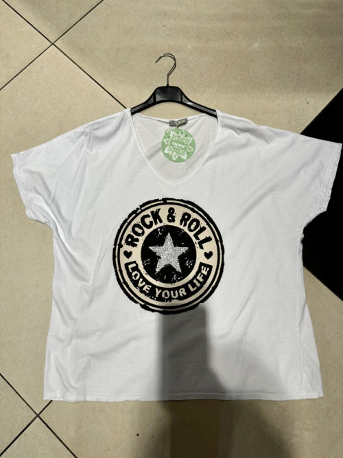 T-shirt col V manches courtes logo Rock avec étoile strass