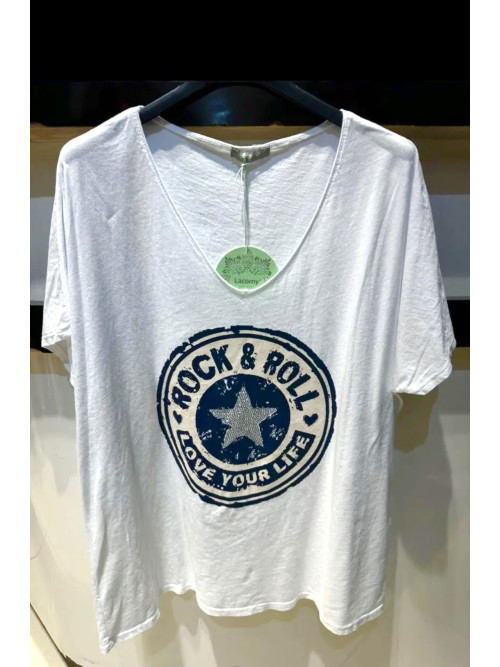T-shirt col V manches courtes logo Rock avec étoile strass