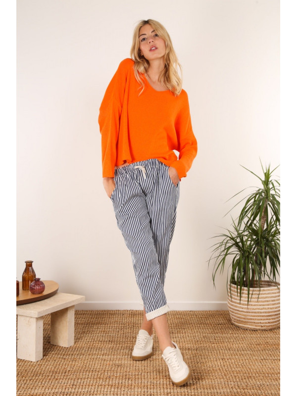 Pantalon à rayures avec élastique taille et revers en guipure