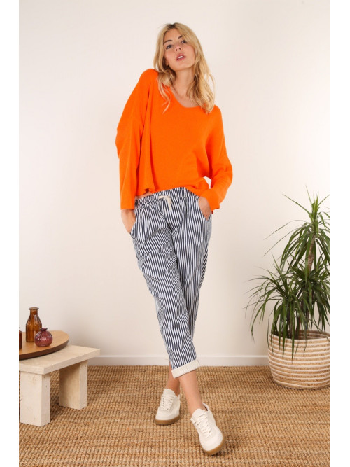 Pantalon à rayures avec élastique taille et revers en guipure