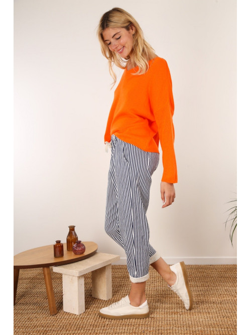 Pantalon à rayures avec élastique taille et revers en guipure
