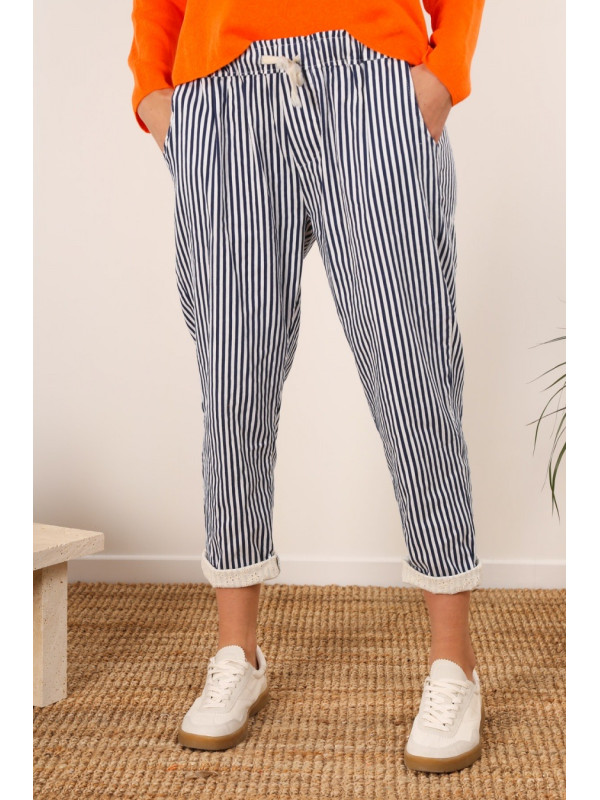 Pantalon à rayures avec élastique taille et revers en guipure
