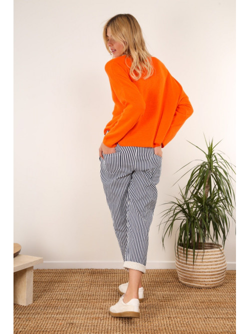 Pantalon à rayures avec élastique taille et revers en guipure