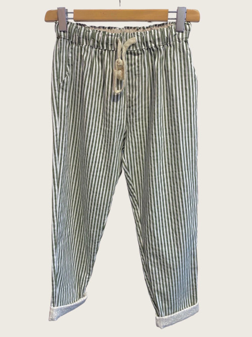 Pantalon à rayures avec élastique taille et revers en guipure