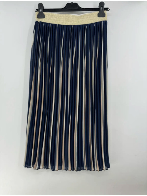Jupe rayée plissée midi ceinture élastique dorée