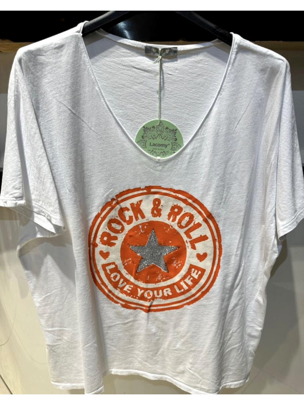 T-shirt col V manches courtes logo Rock avec étoile strass