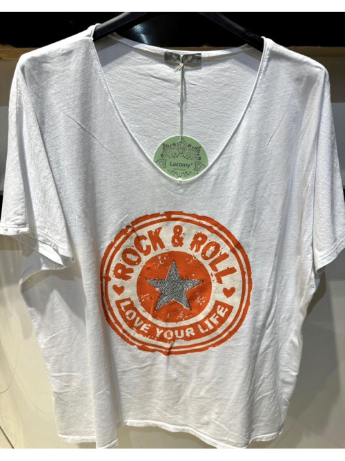 T-shirt col V manches courtes logo Rock avec étoile strass