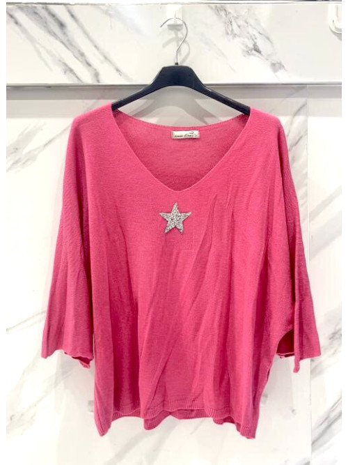 Pull fin col V avec étoile strass manches chauve-souris trois-quart