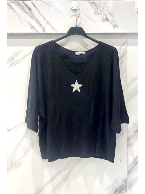 Pull fin col V avec étoile strass manches chauve-souris trois-quart