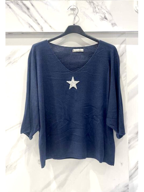 Pull fin col V avec étoile strass manches chauve-souris trois-quart