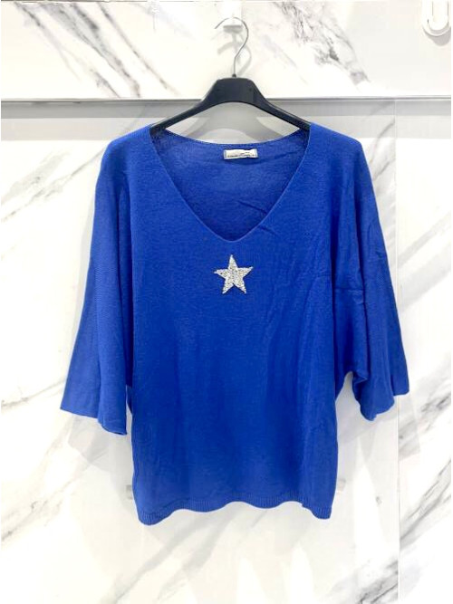 Pull fin col V avec étoile strass manches chauve-souris trois-quart