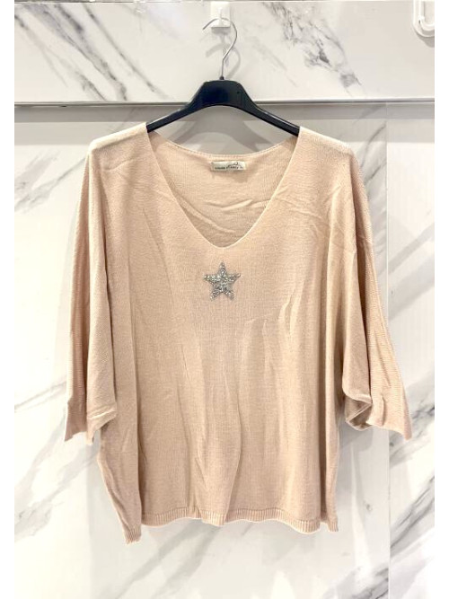 Pull fin col V avec étoile strass manches chauve-souris trois-quart