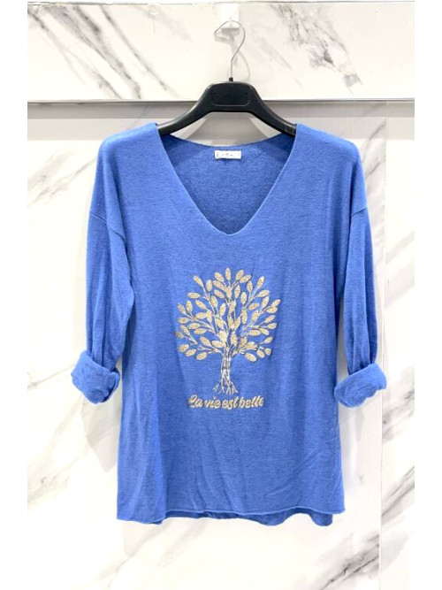 Pull fin col V manches longues "la vie est belle"