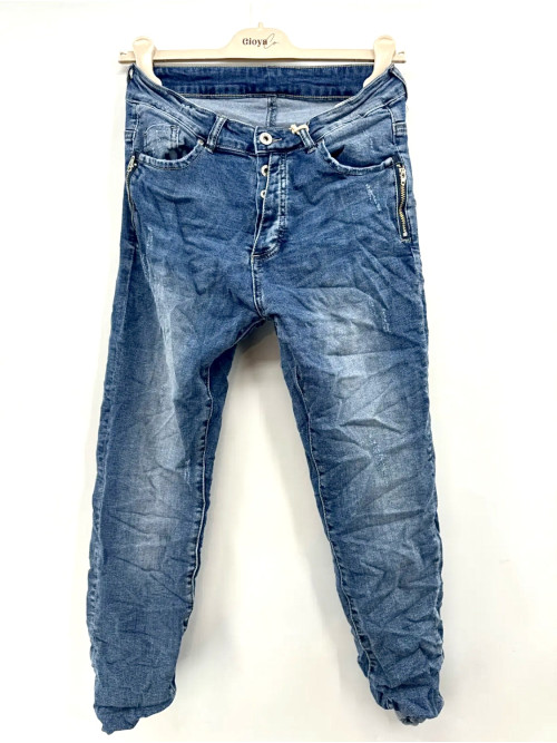 Jean's stretch boutonné et fantaisie zip poches avec légère usure