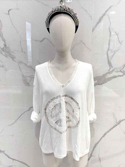 Top col V manches longues logo Peace & Love