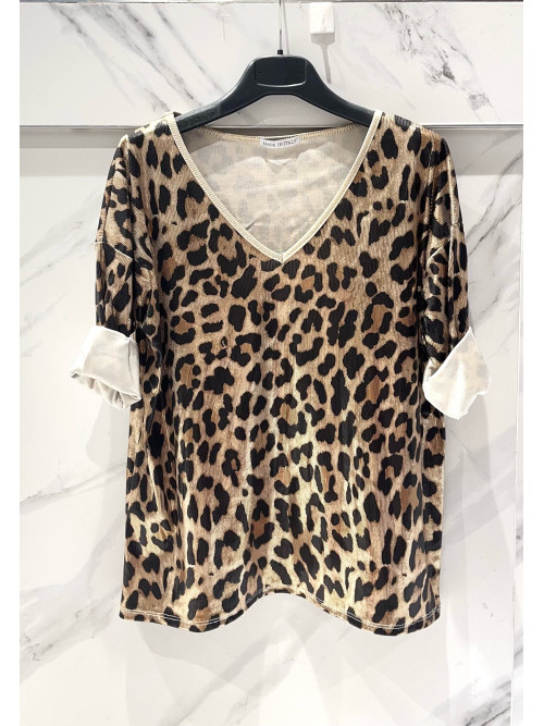 Top col V manches longues motif léopard lurex