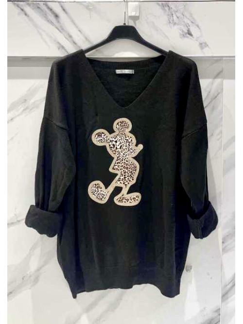 Pull manches longues col V motif Mickey léopard et paillettes