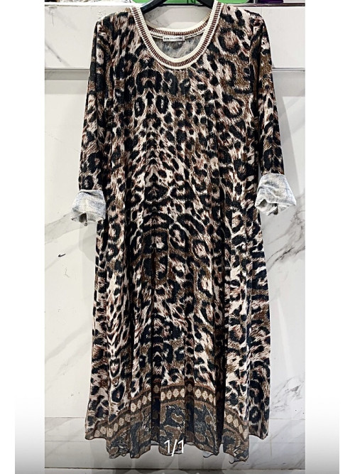 Robe midi plissée manches longues imprimé léopard