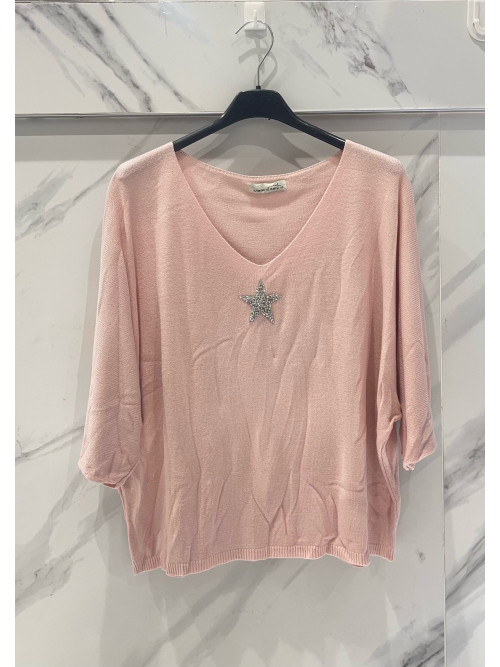 Pull fin col V avec étoile strass manches chauve-souris trois-quart