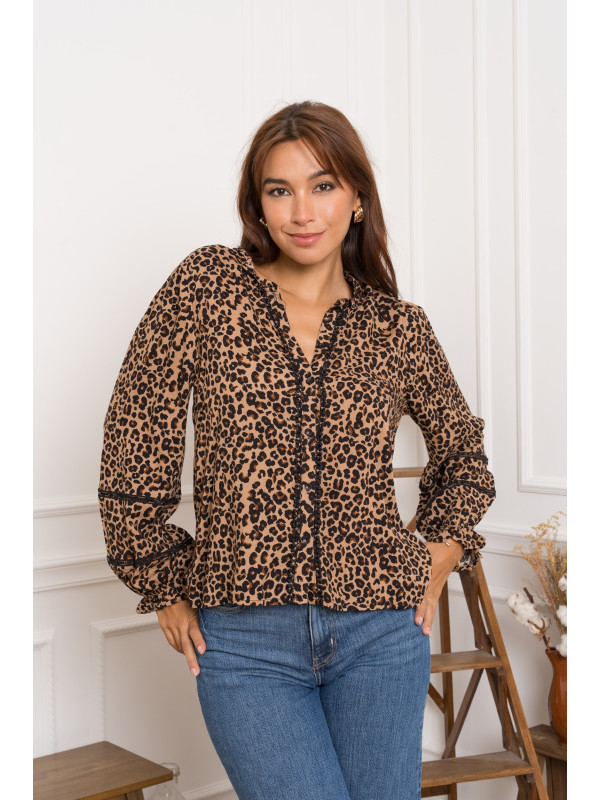 Chemise manches longues col frou-frou imprimé léopard