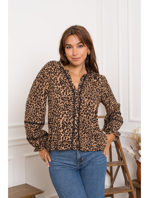 Chemise manches longues col frou-frou imprimé léopard