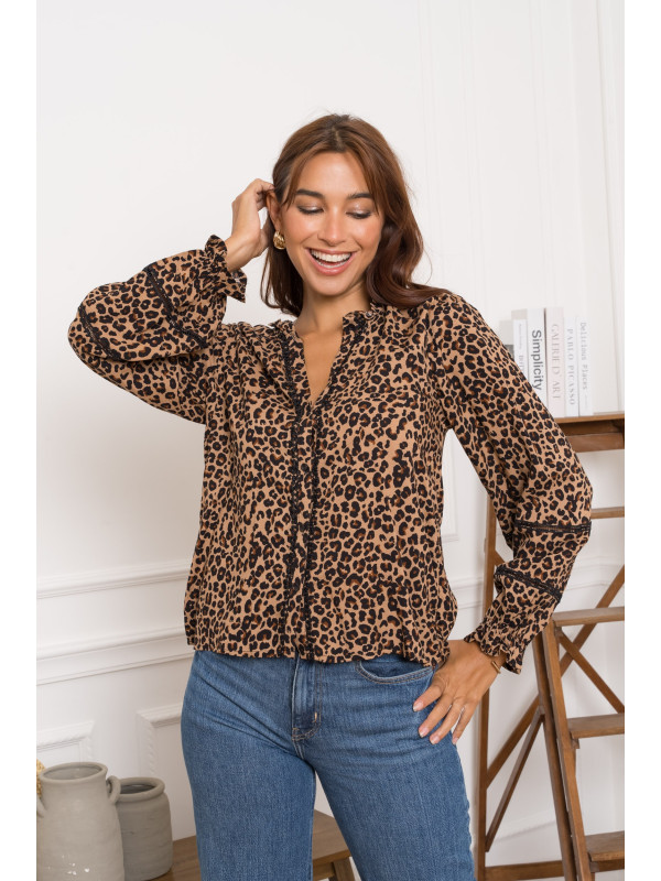 Chemise manches longues col frou-frou imprimé léopard