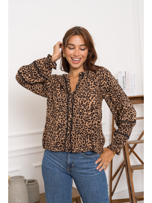 Chemise manches longues col frou-frou imprimé léopard
